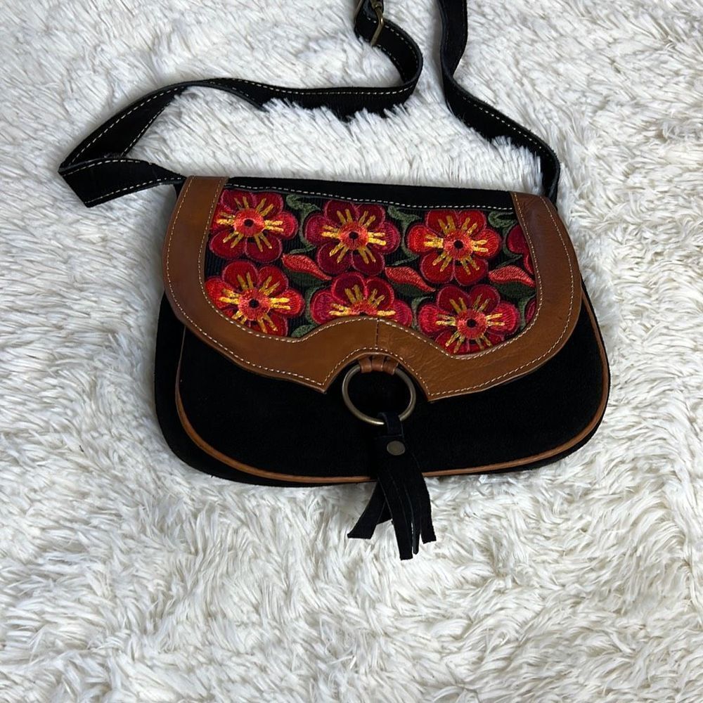 Artisan Handcrafted Embroidered Small black Suede Leather Bag - Picture 8 of 8